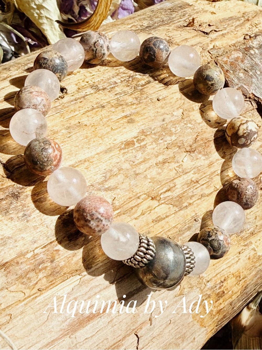 CHUNKY Pink Rose Quartz and Brown Jasper Beaded Bracelet